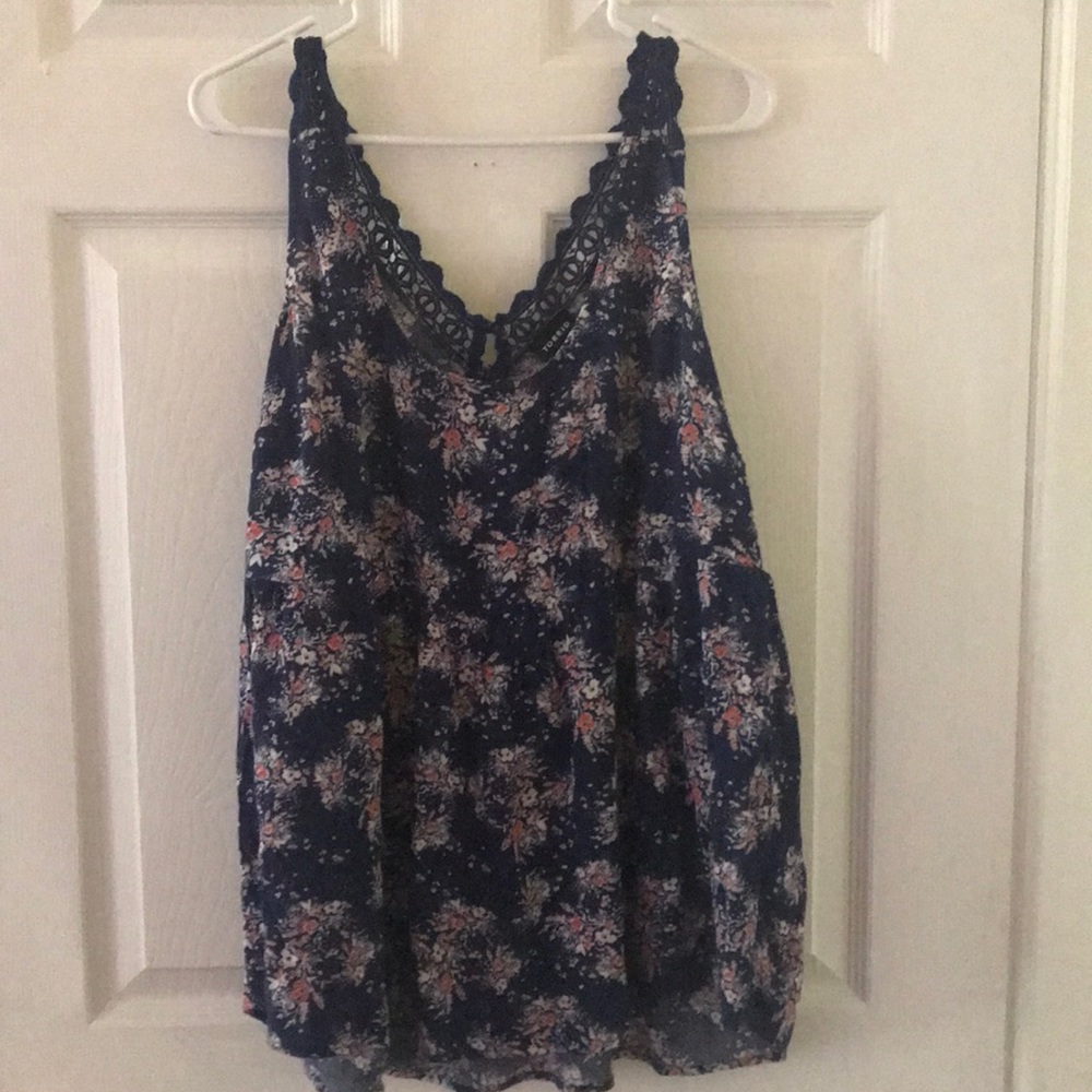Blue floral and lace empire tank top